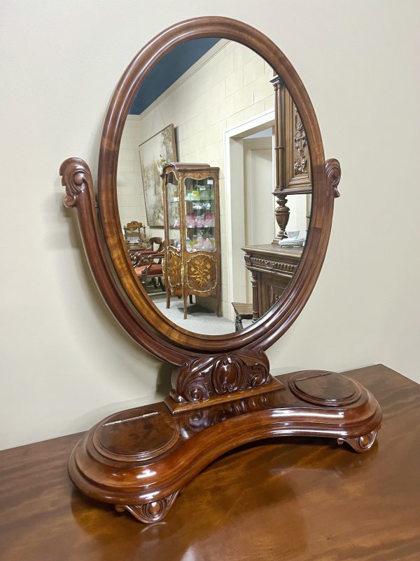 19th Century Oval Flame Mahogany Toilet Mirror