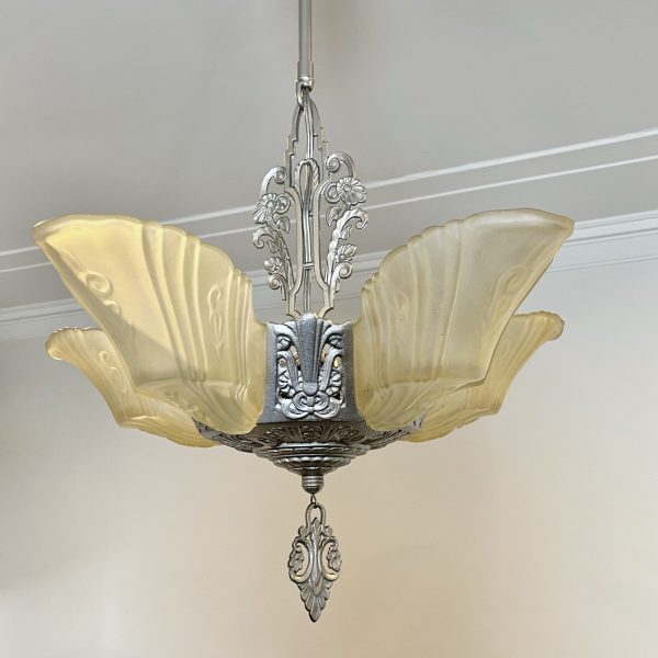 1930's Art Deco 5 Light Slip Shade Chandelier