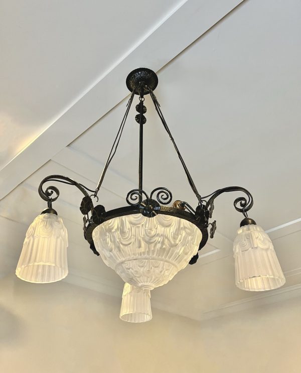 French Art Deco Wrought Iron Chandelier