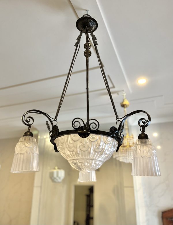 French Art Deco Wrought Iron Chandelier