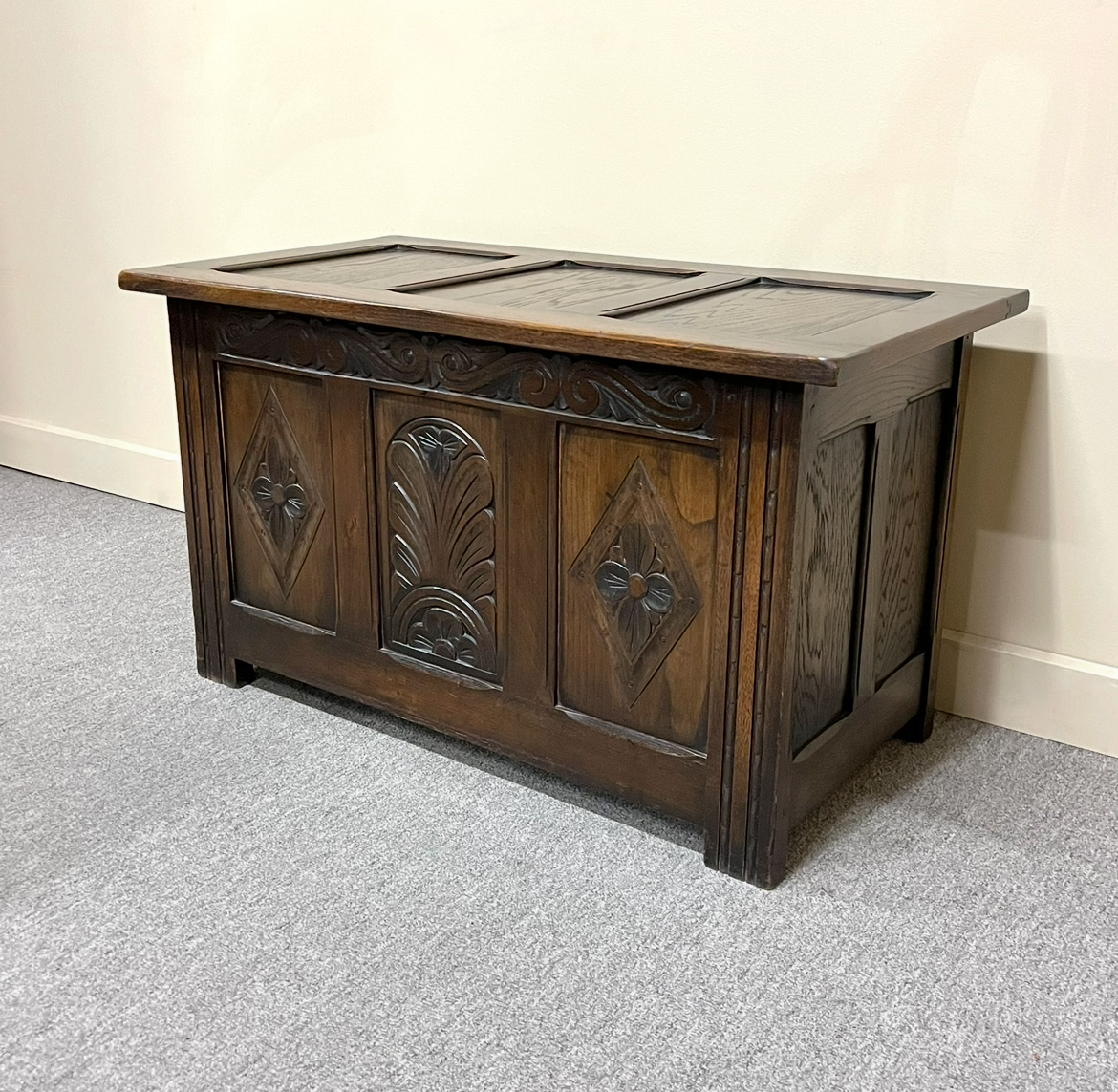 1920's English Oak Carved Coffer 1920's English Oak Carved Coffer